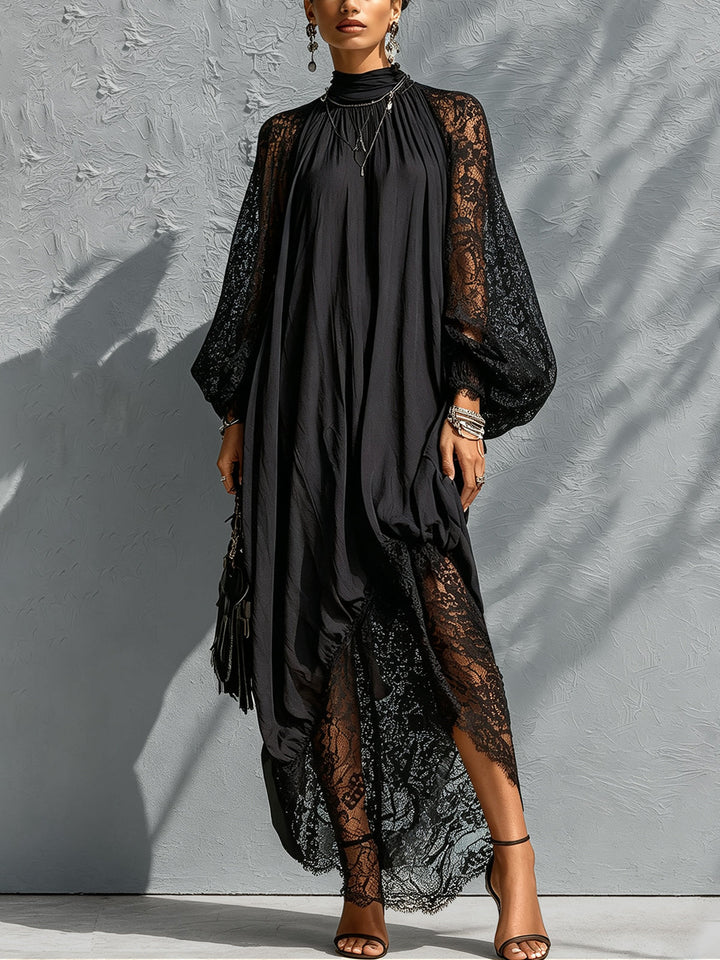 Kathryn | Elegant Black Maxi Dress for Women with Lace Sleeves High Neck Formal Style