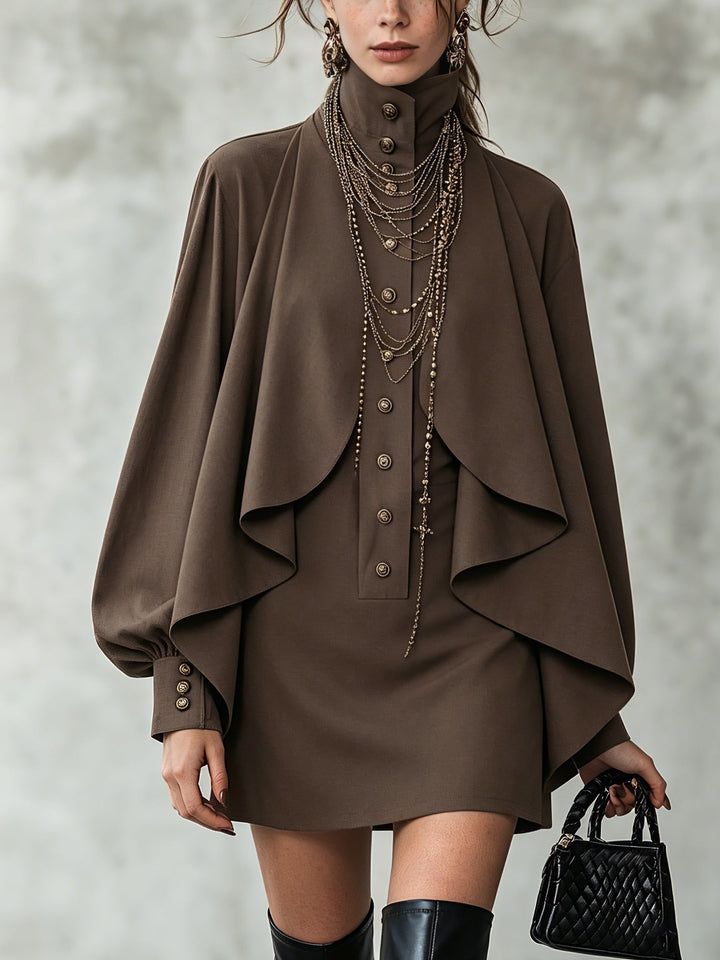 Sienna | High-neck chocolate mini dress with cape-style overlay