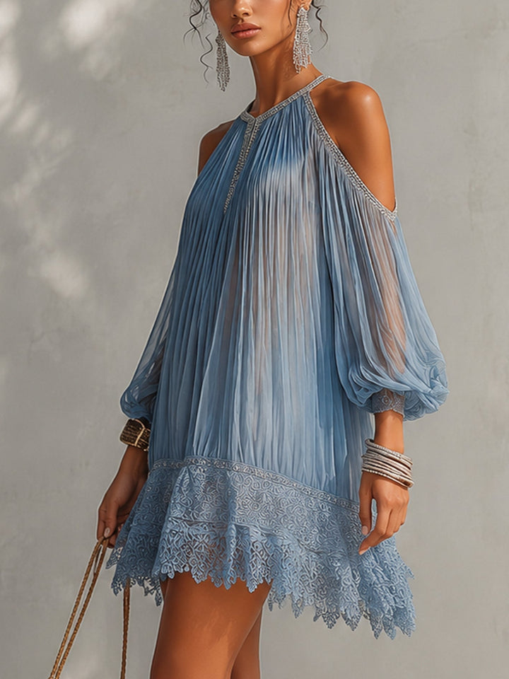 Séraphine | Blue Mini Dress with Off-Shoulder Ruffles and Lace Hem