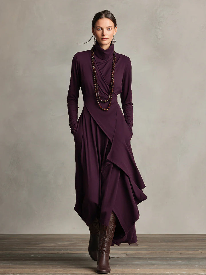 Chloe | Maxi Boho Cotton Dress with High Neck and Asymmetrical Draping