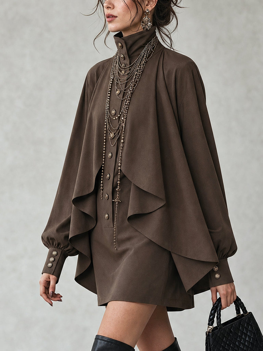 Sienna | High-neck chocolate mini dress with cape-style overlay