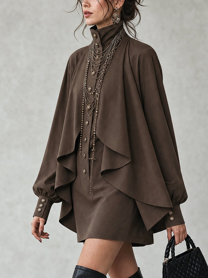 Sienna | High-neck chocolate mini dress with cape-style overlay