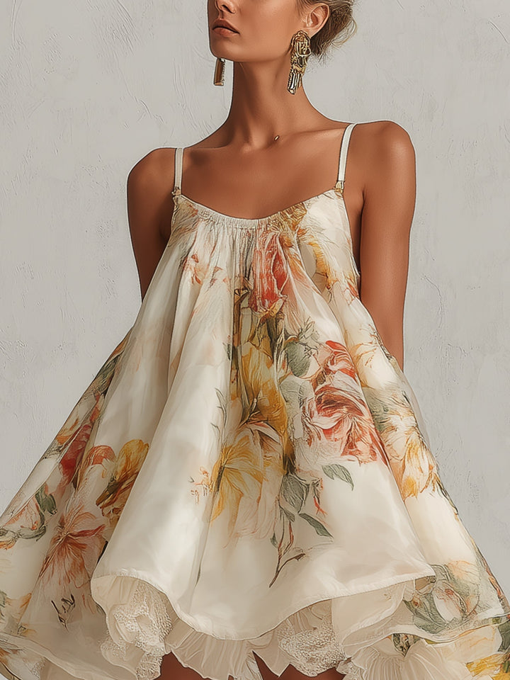 Blanche | Beige Floral Mini A-Line Organza Dress with Lace Trim