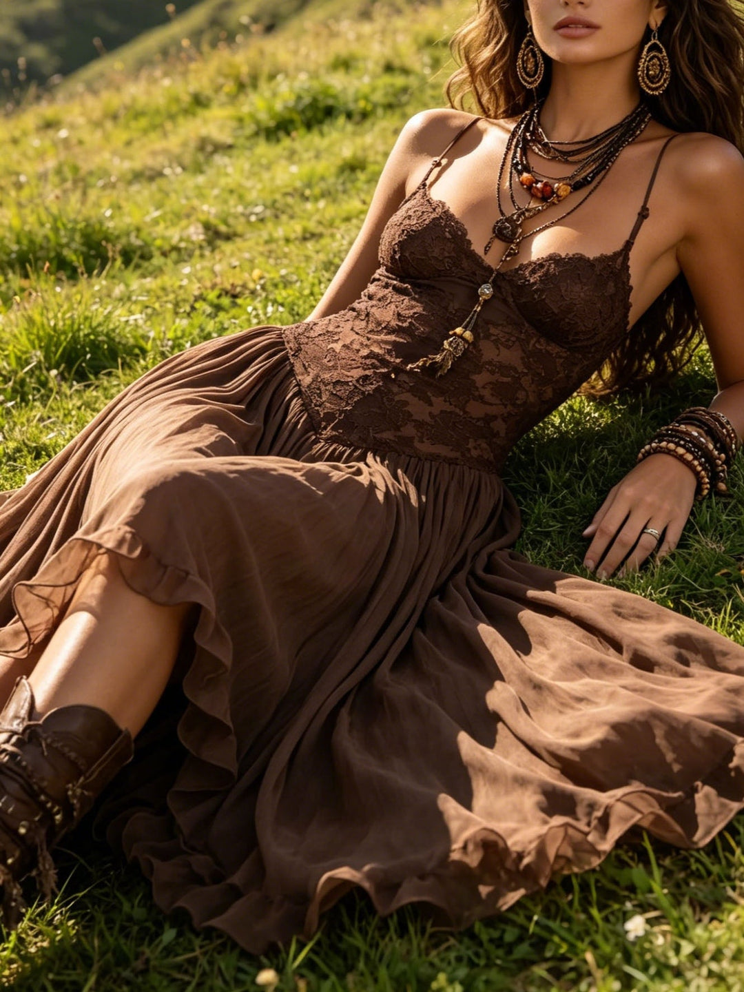 Filomena | Maxi Dress in Brown Chiffon and Lace