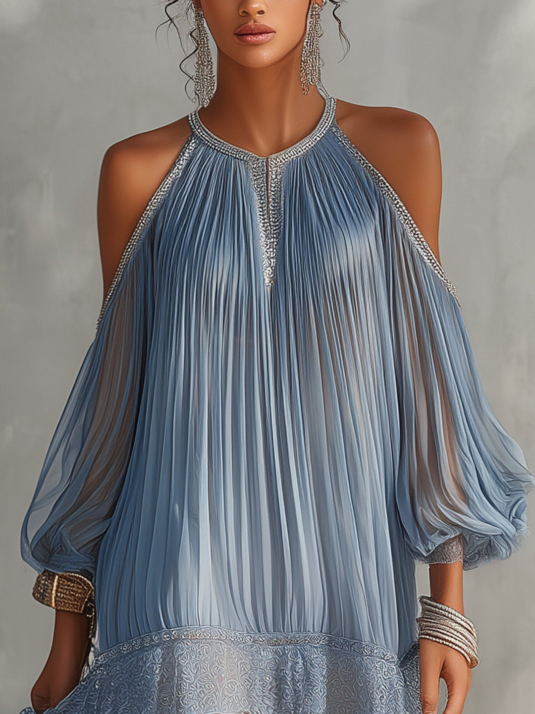 Séraphine | Blue Mini Dress with Off-Shoulder Ruffles and Lace Hem
