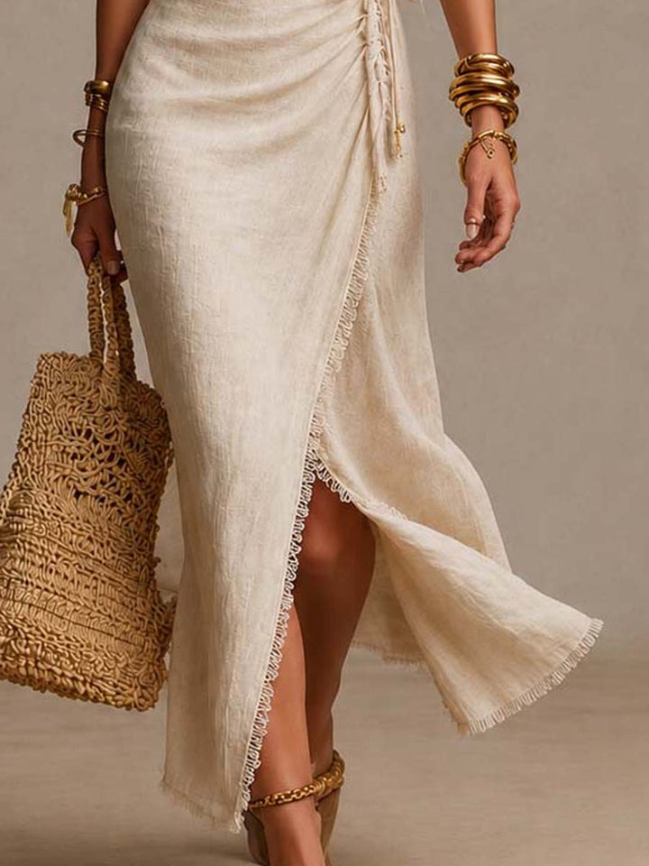 Iya | Maxi Wrap Dress in Linen Blend with Lace, Beige