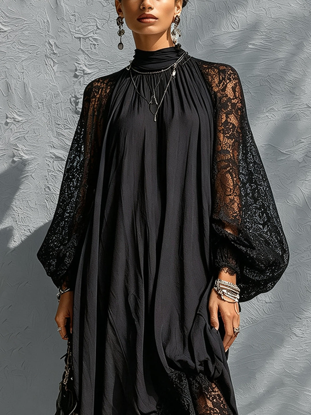 Kathryn | Elegant Black Maxi Dress for Women with Lace Sleeves High Neck Formal Style