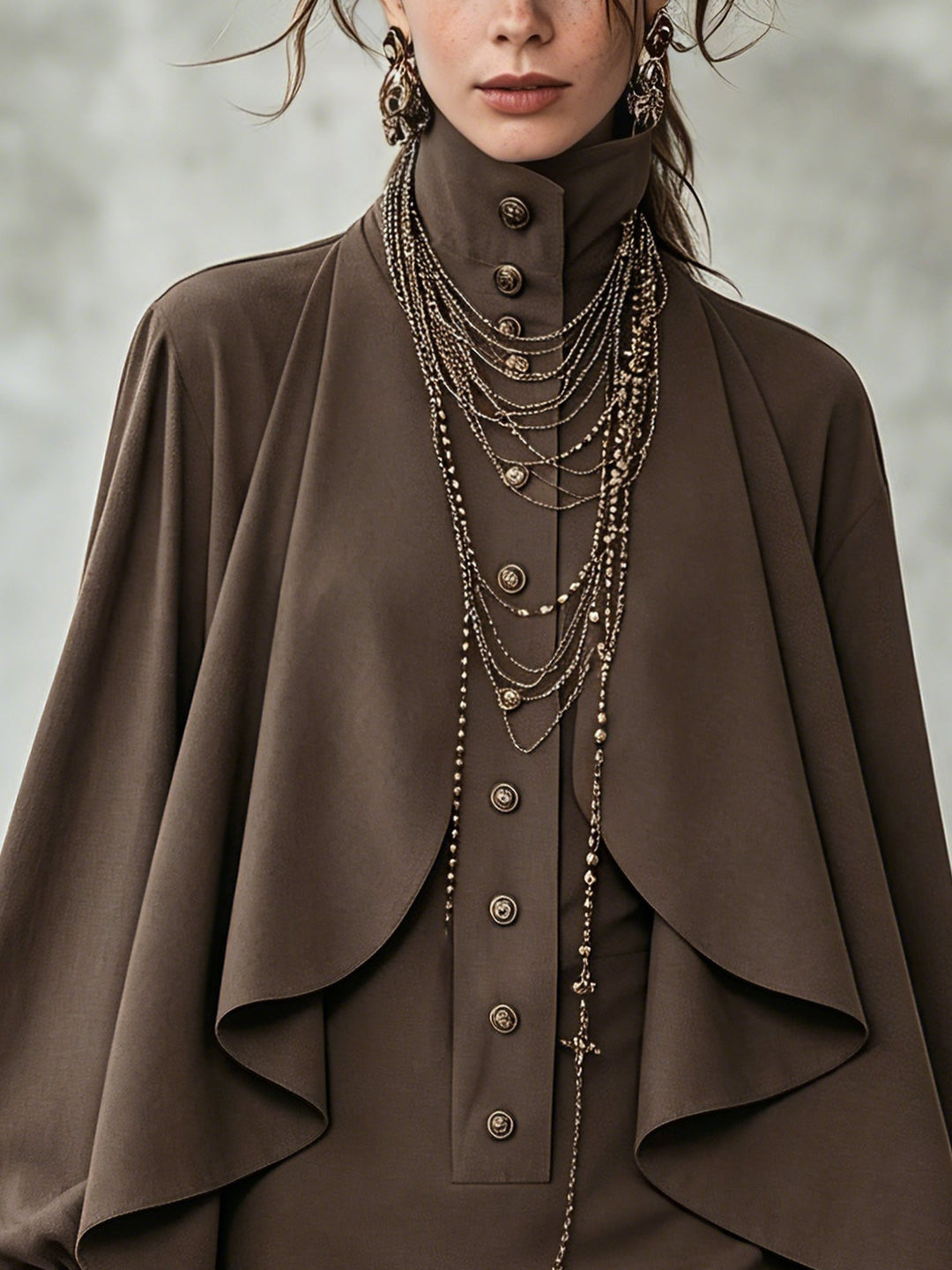 Sienna | High-neck chocolate mini dress with cape-style overlay