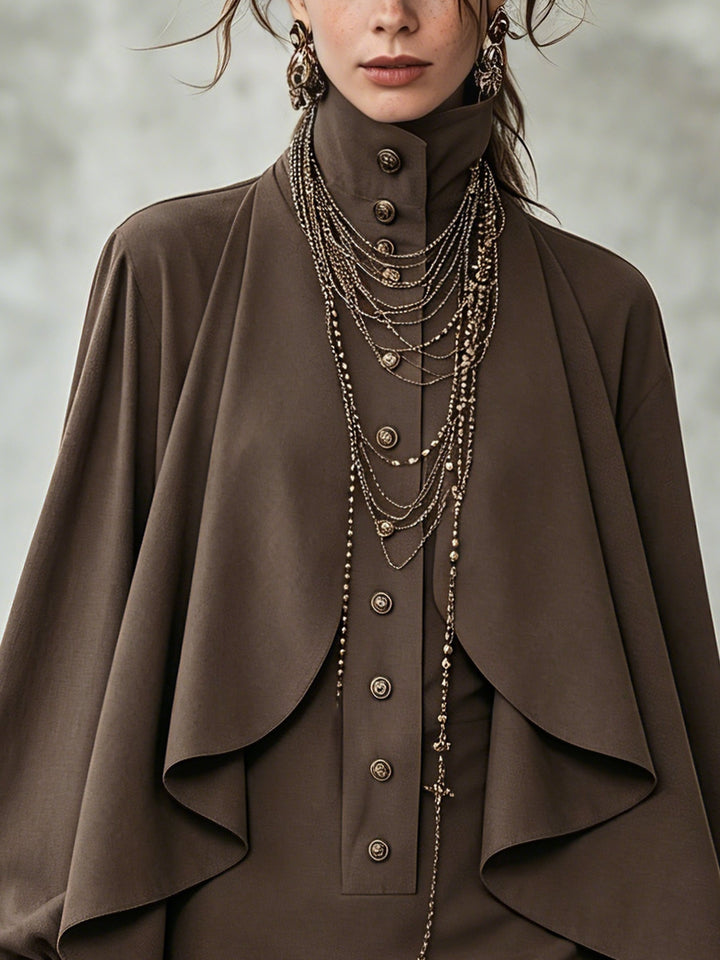 Sienna | High-neck chocolate mini dress with cape-style overlay