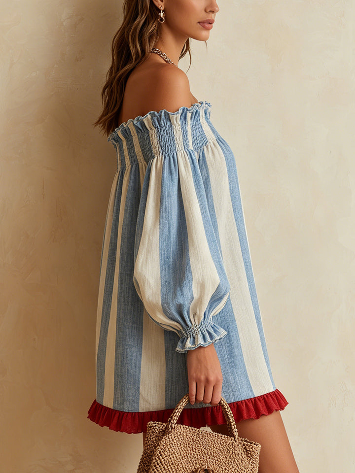 Ondine | Mini Striped Dress in Blue and White with Off-Shoulder and Contrasting Hem