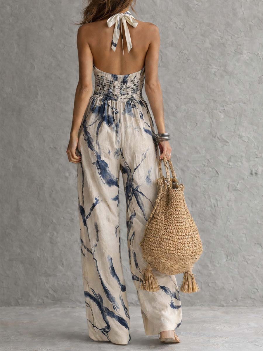 Nia | Halter Neck Ink Wash Print Wide Leg Jumpsuit With Pockets