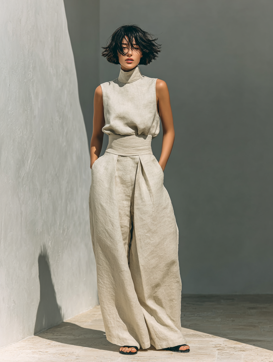Serena | Set consisting of a sleeveless blouse and wide-leg pants, in a cotton-linen blend fabric