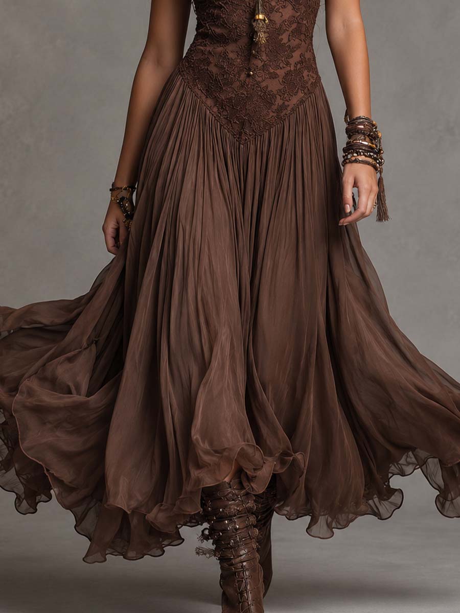 Filomena | Maxi Dress in Brown Chiffon and Lace