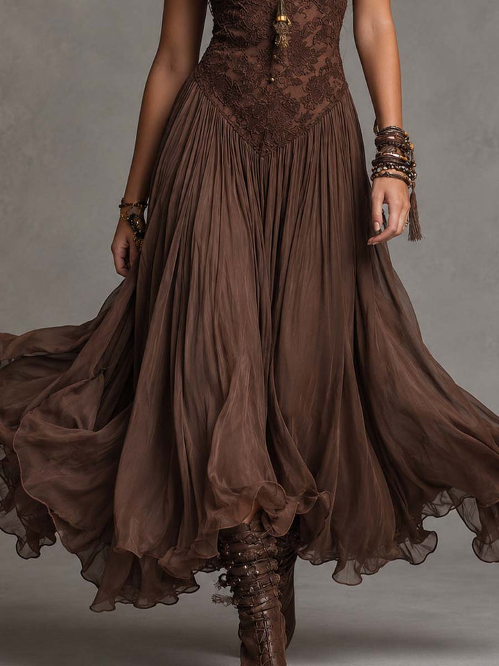 Federica | Maxi Dress in Brown Chiffon and Lace