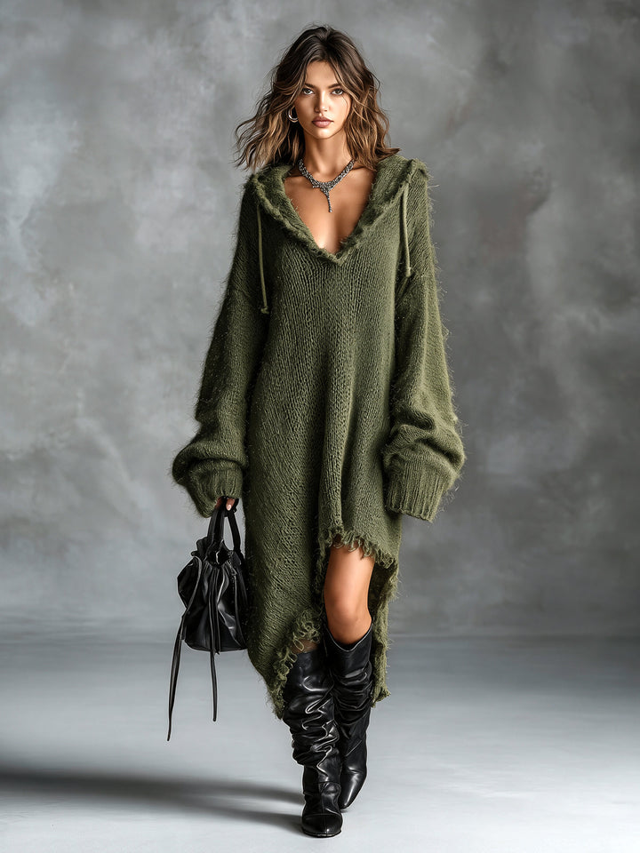 Elyssa | Chic Elegant Brown Hooded-Collar Dropped Shoulder Long-Sleeve Asymmetrical Hem Raw Edge Detail Oversize Fuzzy Knit Midi Dress