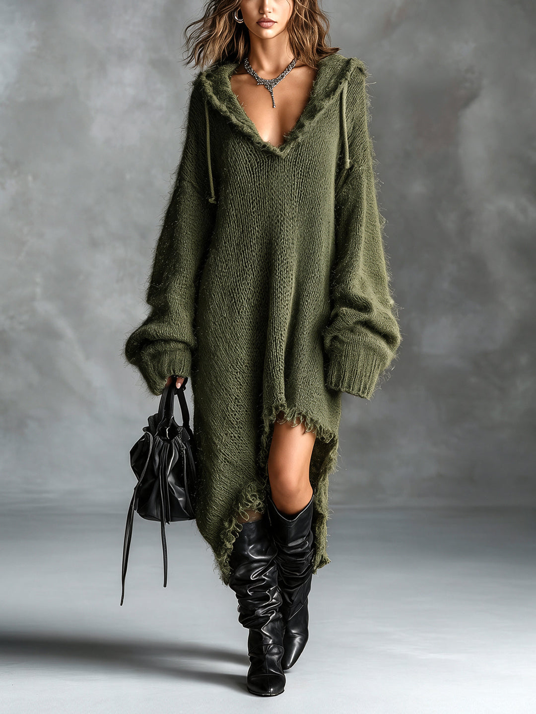 Elyssa | Chic Elegant Brown Hooded-Collar Dropped Shoulder Long-Sleeve Asymmetrical Hem Raw Edge Detail Oversize Fuzzy Knit Midi Dress