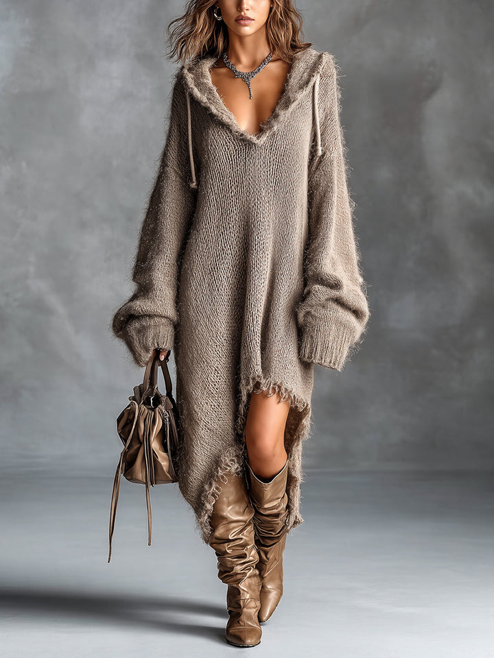 Elyssa | Chic Elegant Brown Hooded-Collar Dropped Shoulder Long-Sleeve Asymmetrical Hem Raw Edge Detail Oversize Fuzzy Knit Midi Dress