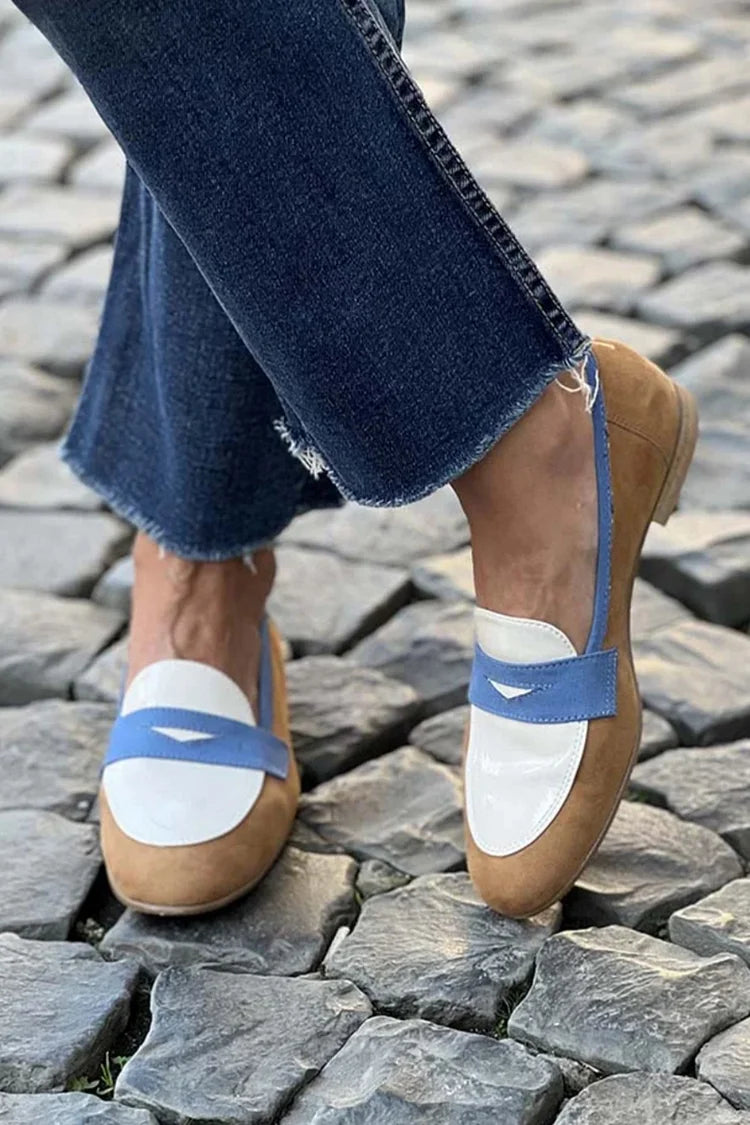 Shiela  | Colorblock Loafers in Camel, White, and Blue