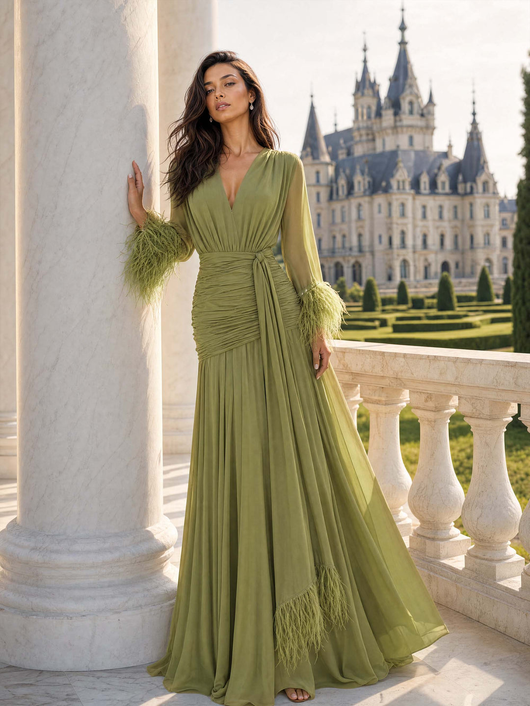 Eva | Elegant V-Neck Feather Cuff Flowing Chiffon Maxi Dress