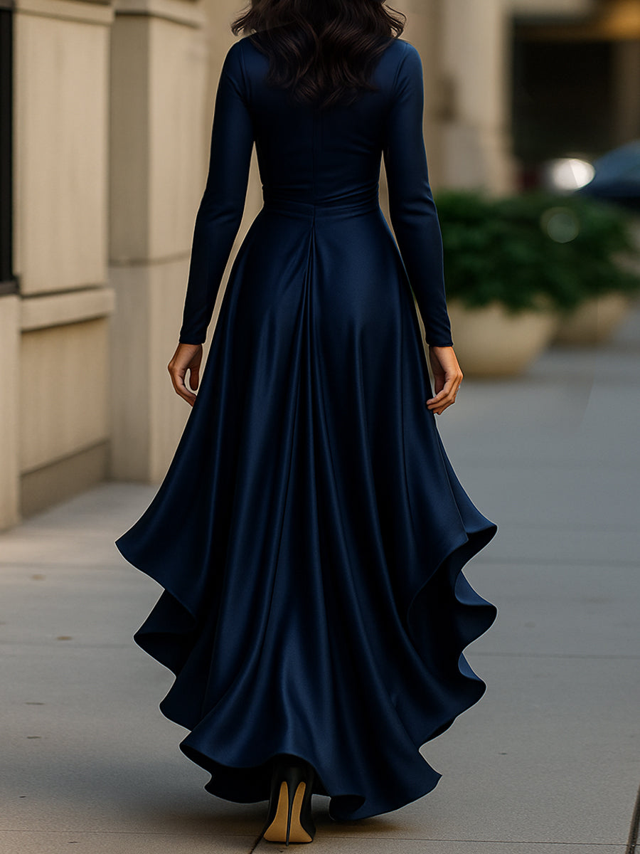 Kirsten | Midnight Blue Draped Satin Maxi Dress With Ruffle Details