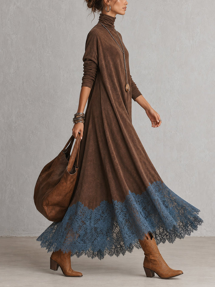 Vilma | Brown Suede Feel Long Sleeve Lace Hem Maxi Dress