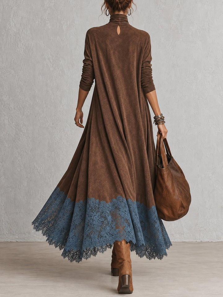 Vilma | Brown Suede Feel Long Sleeve Lace Hem Maxi Dress