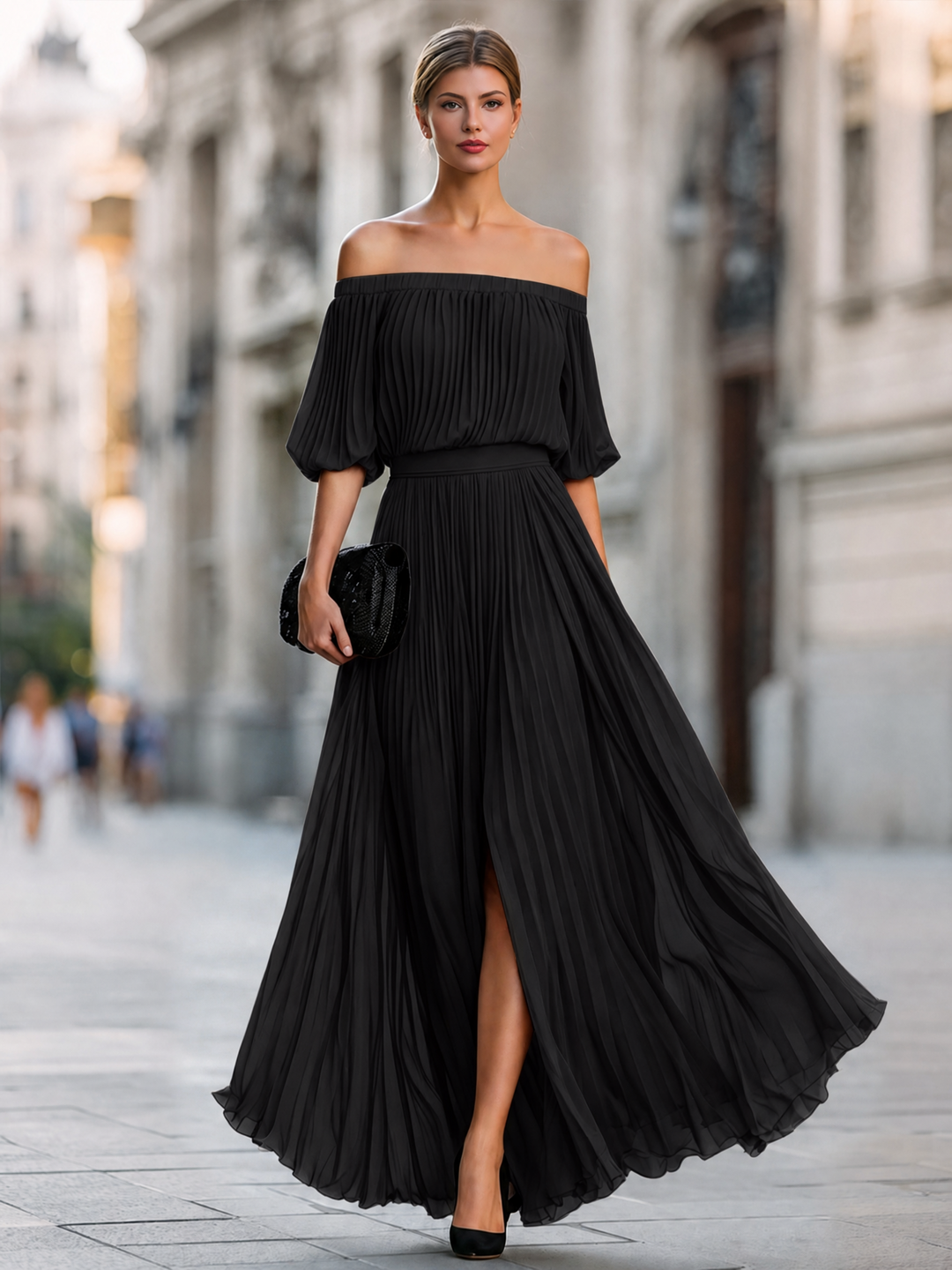 Oliviana | Off-Shoulder Pleated Chiffon Maxi Dress