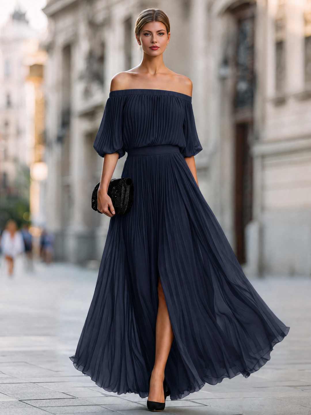 Oliviana | Off-Shoulder Pleated Chiffon Maxi Dress