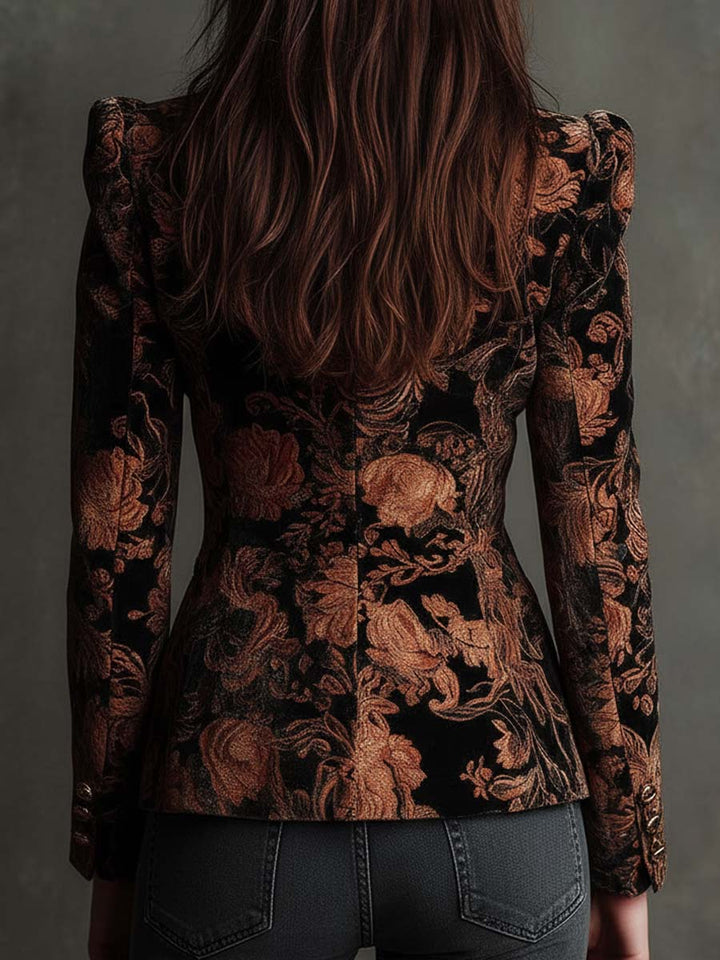 Caroline | Black And Bronze Floral Print Tailored Blazer