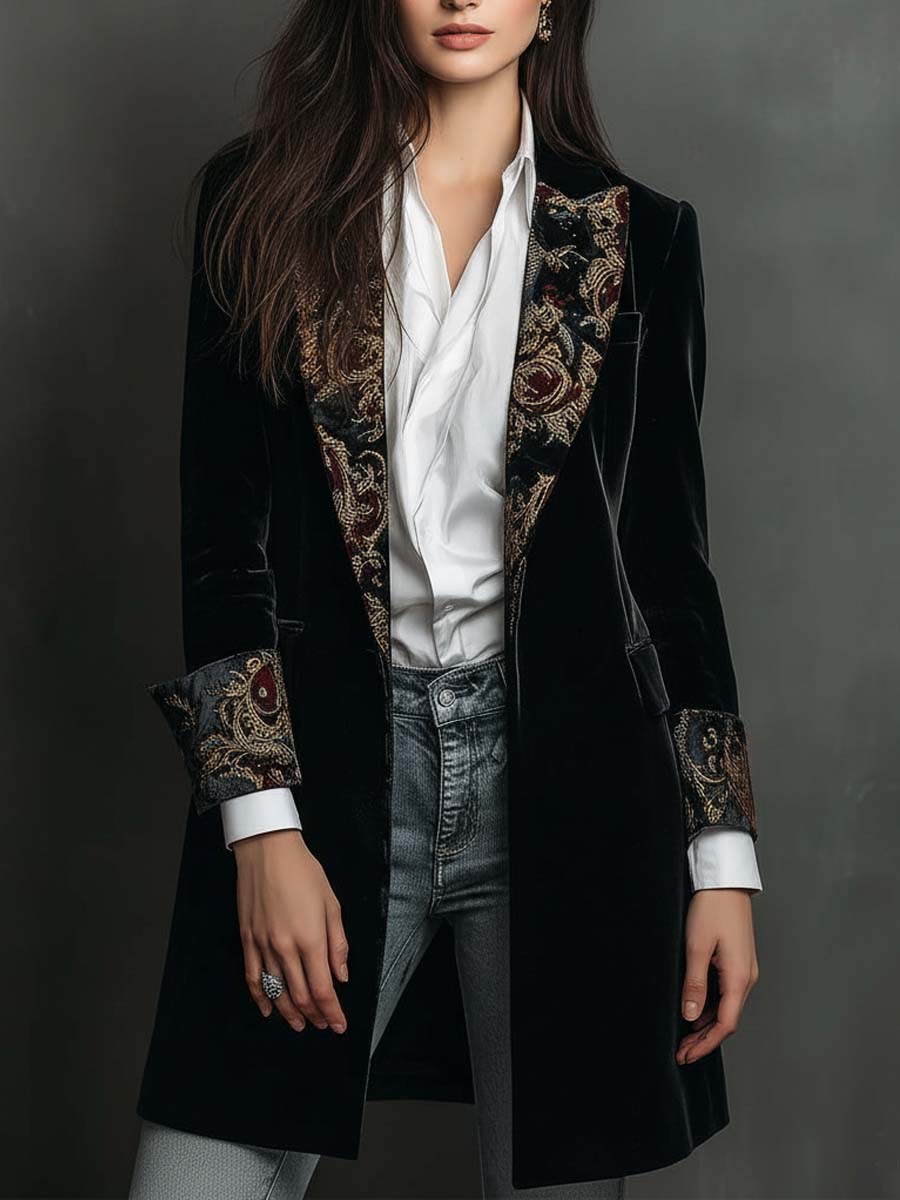 Eleanor | Black Baroque Print Lapel Slim Fit Blazer