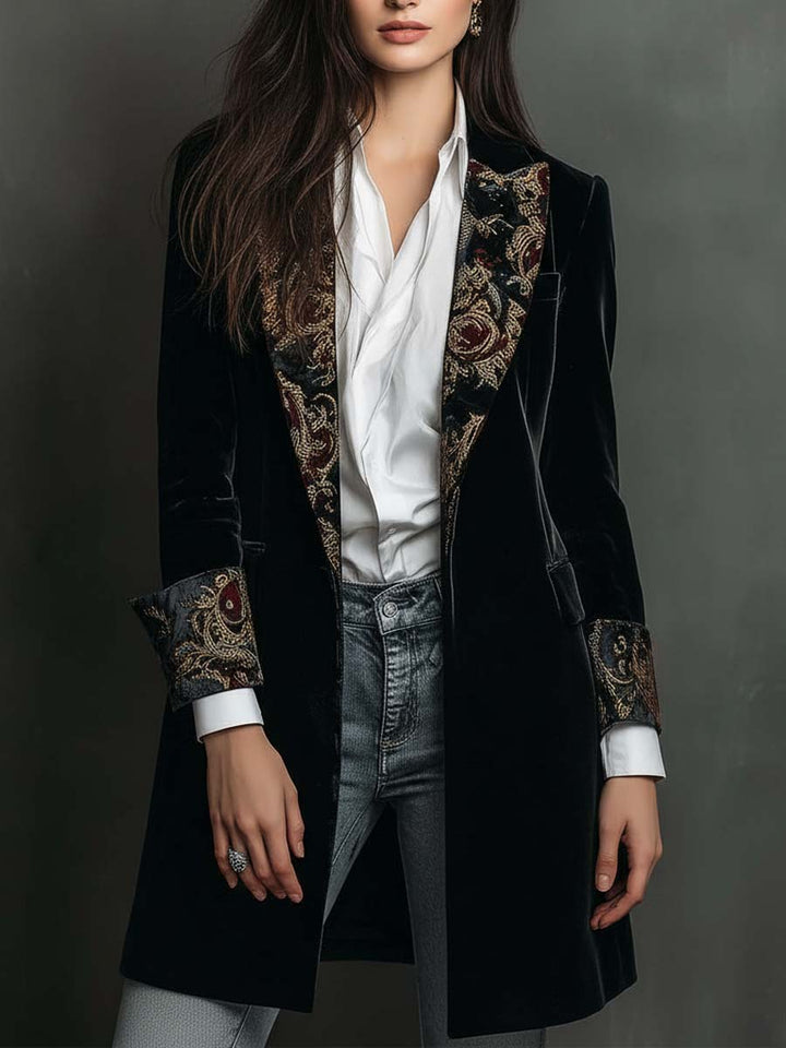 Eleanor | Black Baroque Print Lapel Slim Fit Blazer