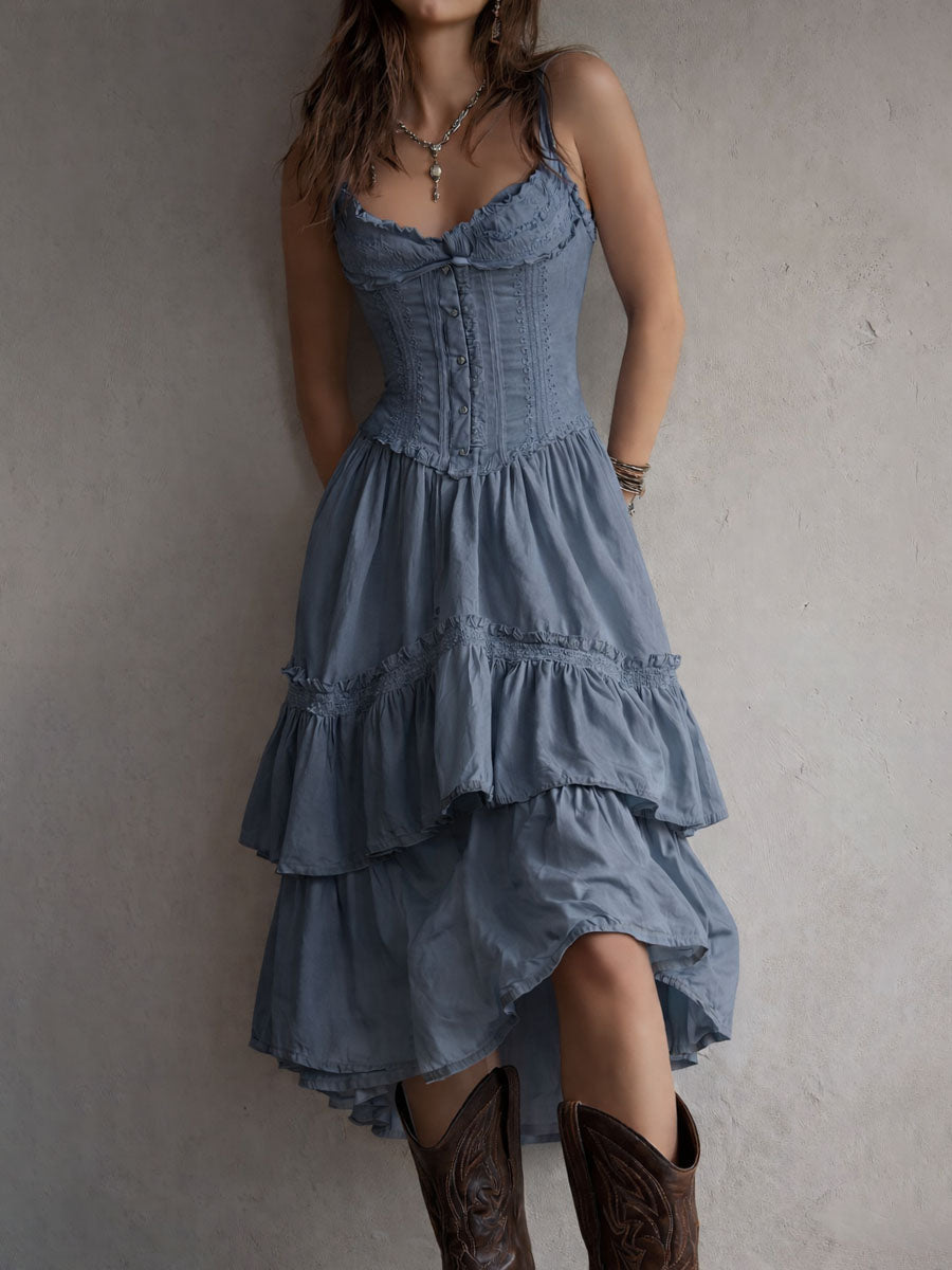 Rian | Retro Boho Corset Tiered Midi Dress With Lace-Trim