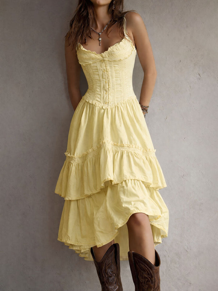 Rian | Retro Boho Corset Tiered Midi Dress With Lace-Trim