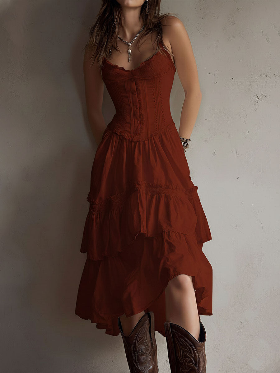 Rian | Retro Boho Corset Tiered Midi Dress With Lace-Trim