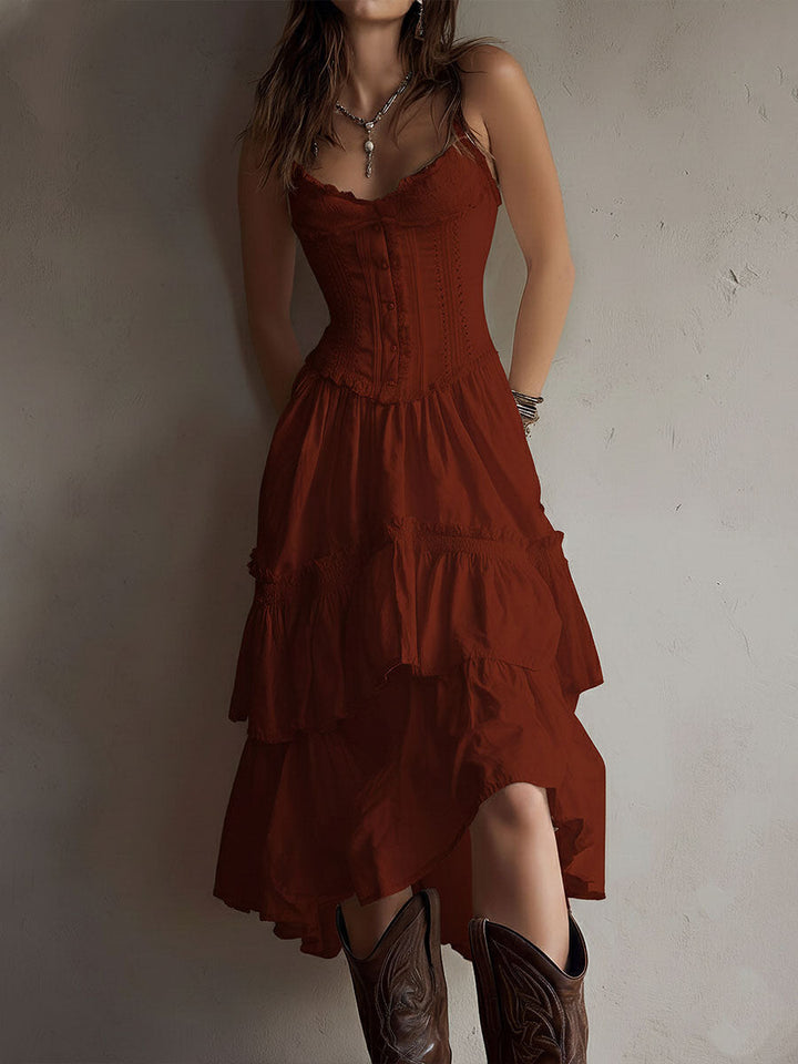 Rian | Retro Boho Corset Tiered Midi Dress With Lace-Trim