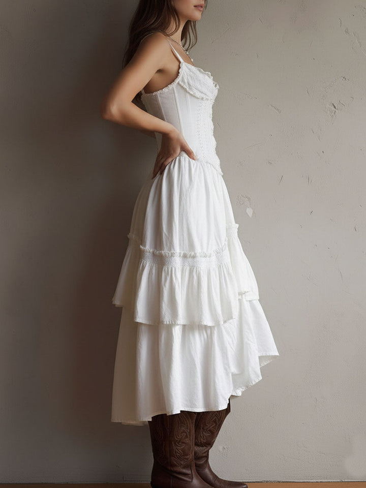 Rian | Retro Boho Corset Tiered Midi Dress With Lace-Trim
