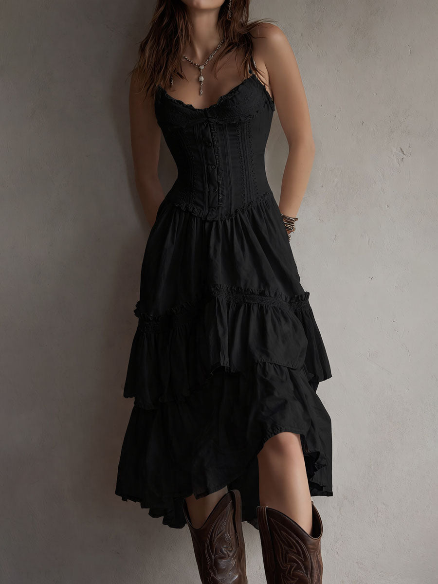Rian | Retro Boho Corset Tiered Midi Dress With Lace-Trim