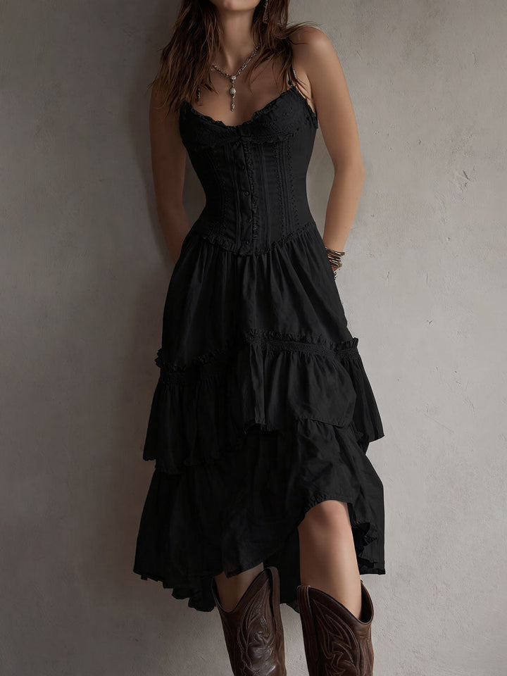 Rian | Retro Boho Corset Tiered Midi Dress With Lace-Trim