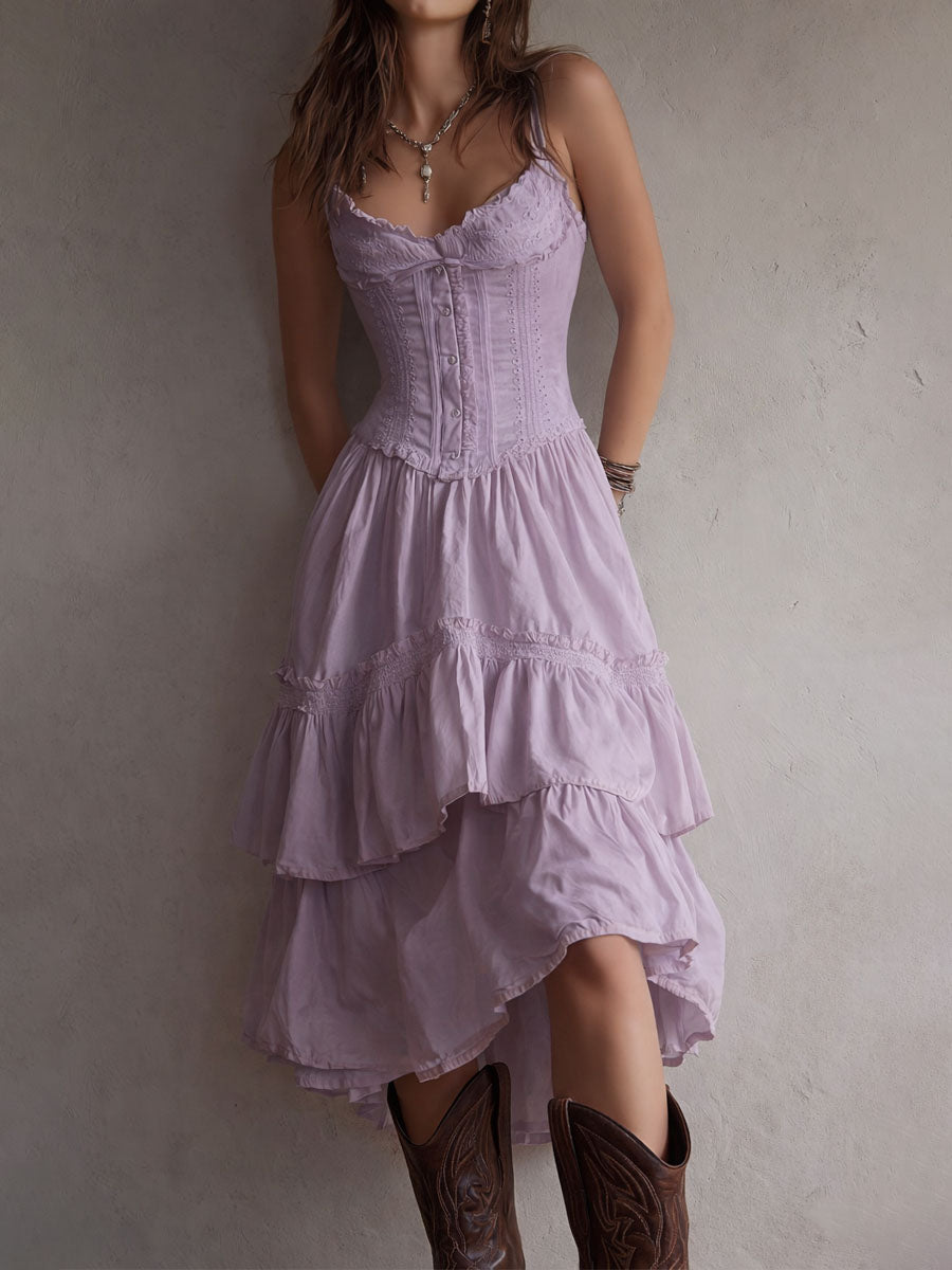 Rian | Retro Boho Corset Tiered Midi Dress With Lace-Trim
