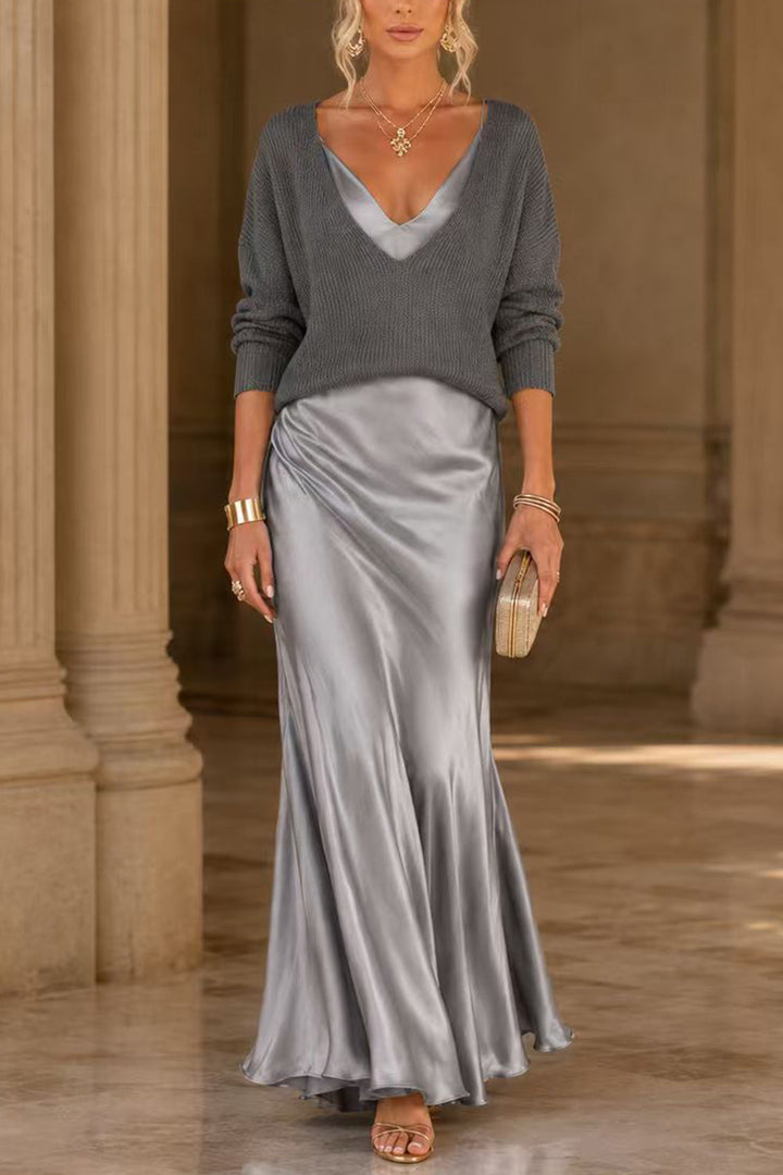 Jessa | V Neck Drop Shoulder Sweater and Satin Maxi Cami Dress Set