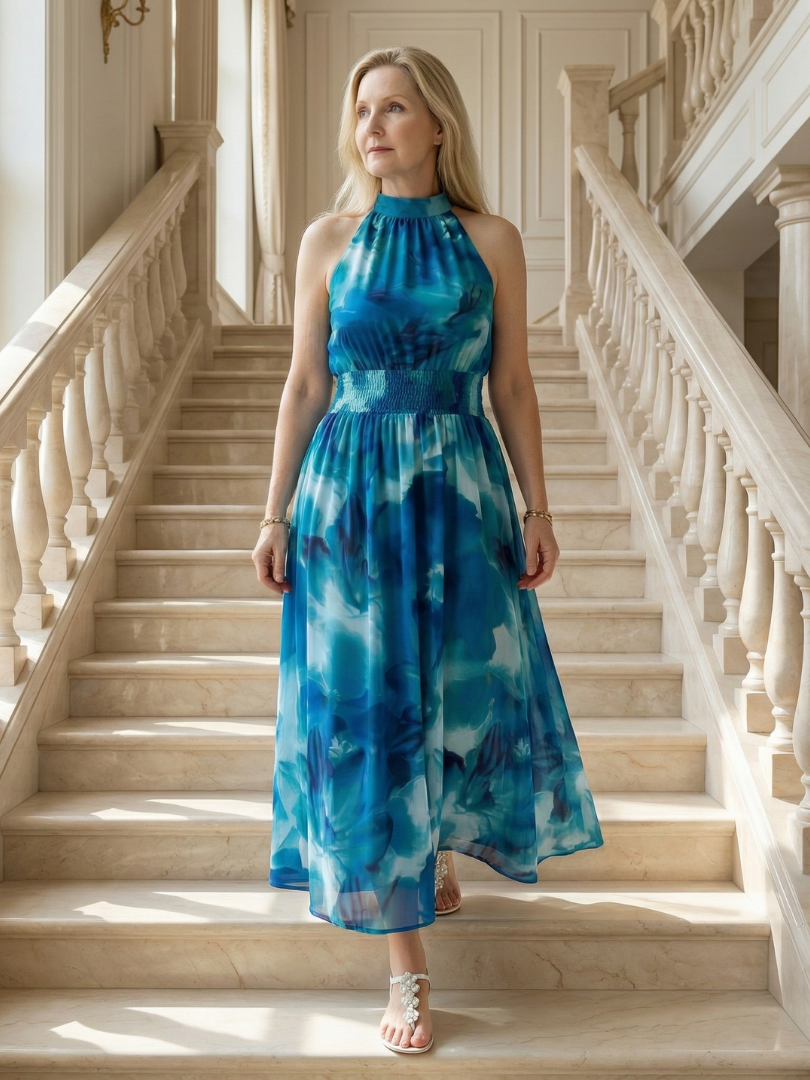 Sylin | Midi Dress with Deep Neckline and Halter Neck