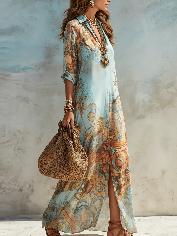 Bea | Baroque Style Floral Blue Chiffon Maxi Dress