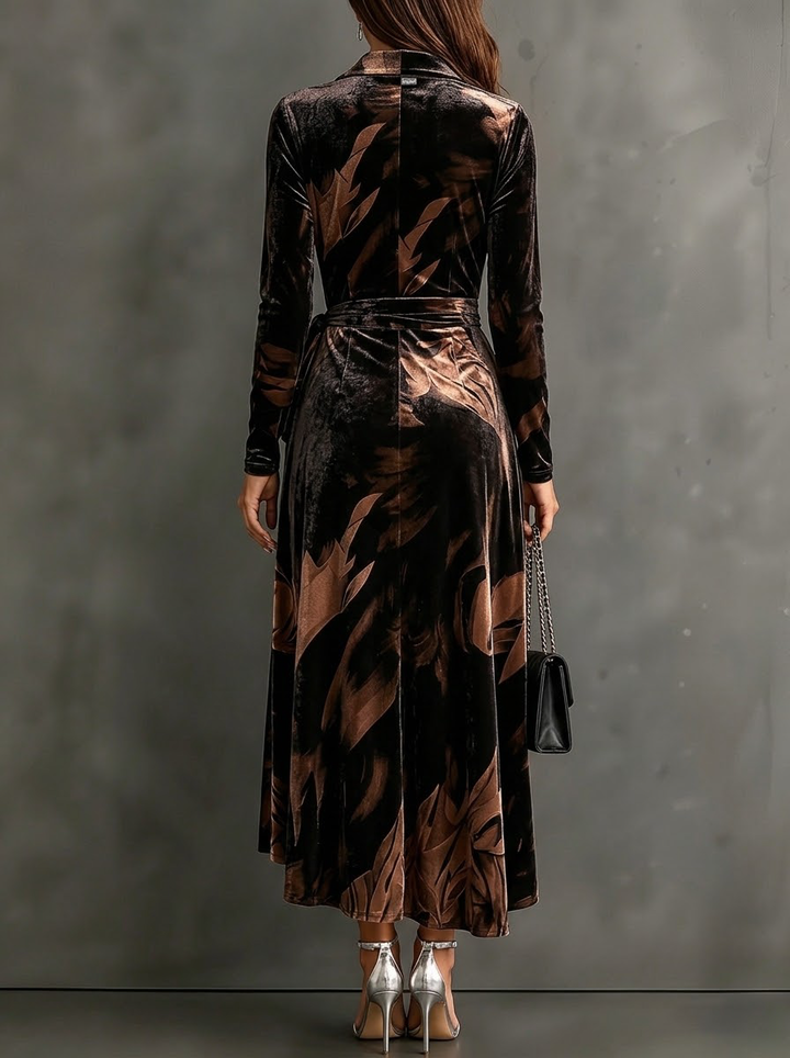 Tillie | Brown Abstract Print Velvet Wrap Midi Dress, V-Neck Collar, Long Sleeves, Tie Waist, Asymmetrical Hem
