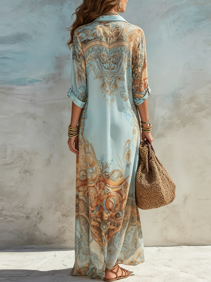 Bea | Baroque Style Floral Blue Chiffon Maxi Dress