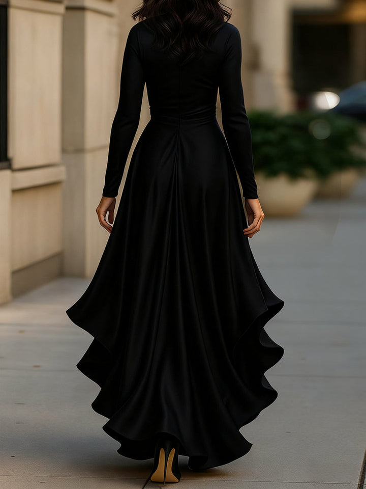 Kirsten | Midnight Blue Draped Satin Maxi Dress With Ruffle Details