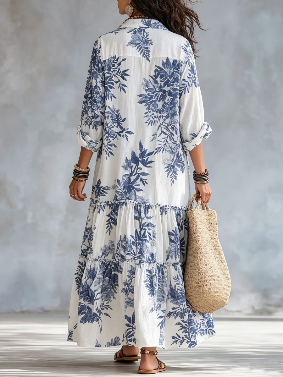 Irina | Bohemian Blue Floral Button-down Maxi Dress