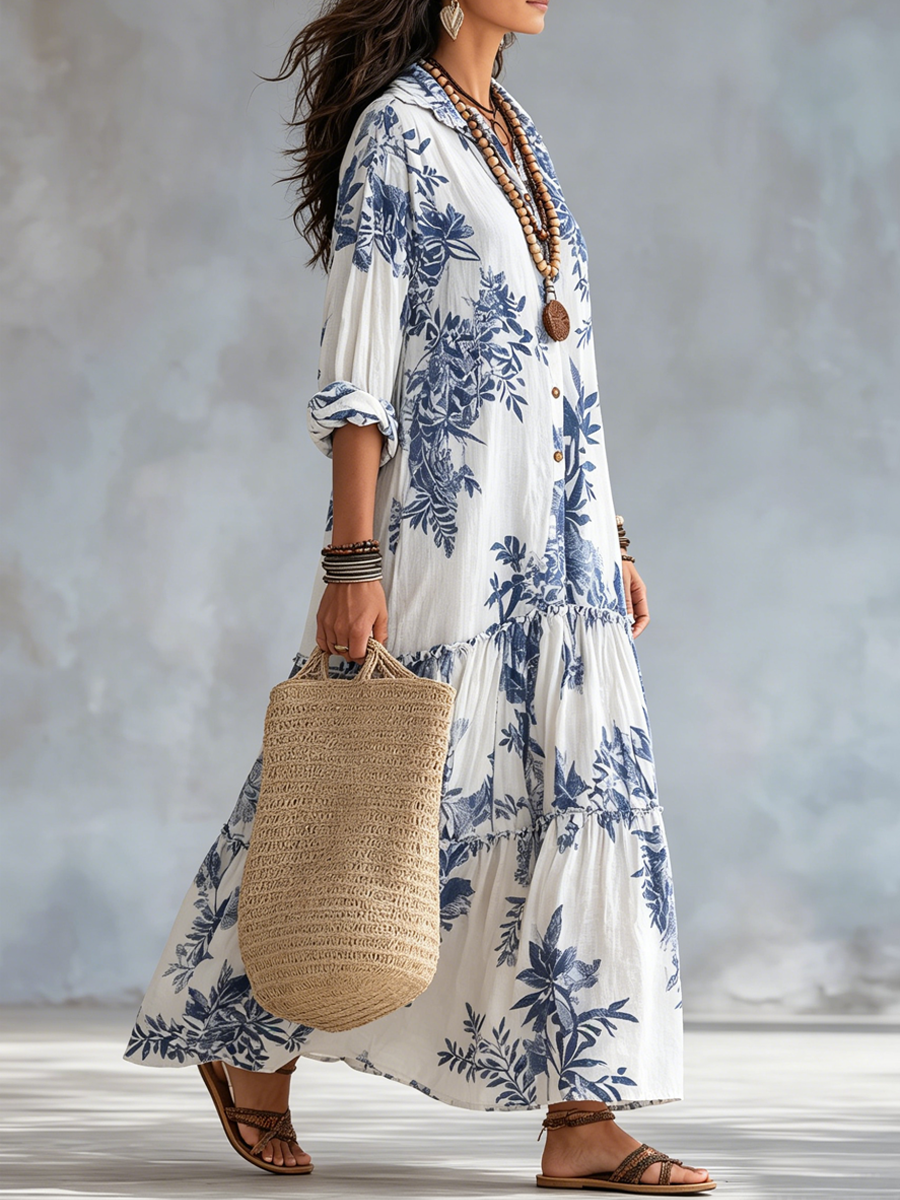 Irina | Bohemian Blue Floral Button-down Maxi Dress