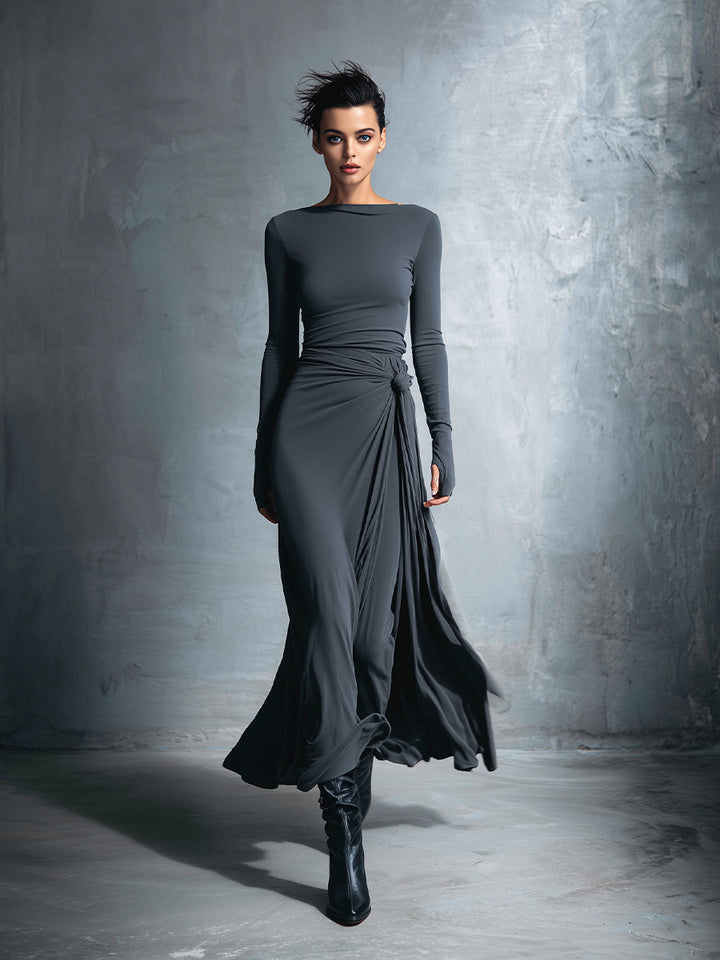 Mira | Gray Exquisite Stretch Blended Fabric Wrap Dress - Knotted Maxi Dress