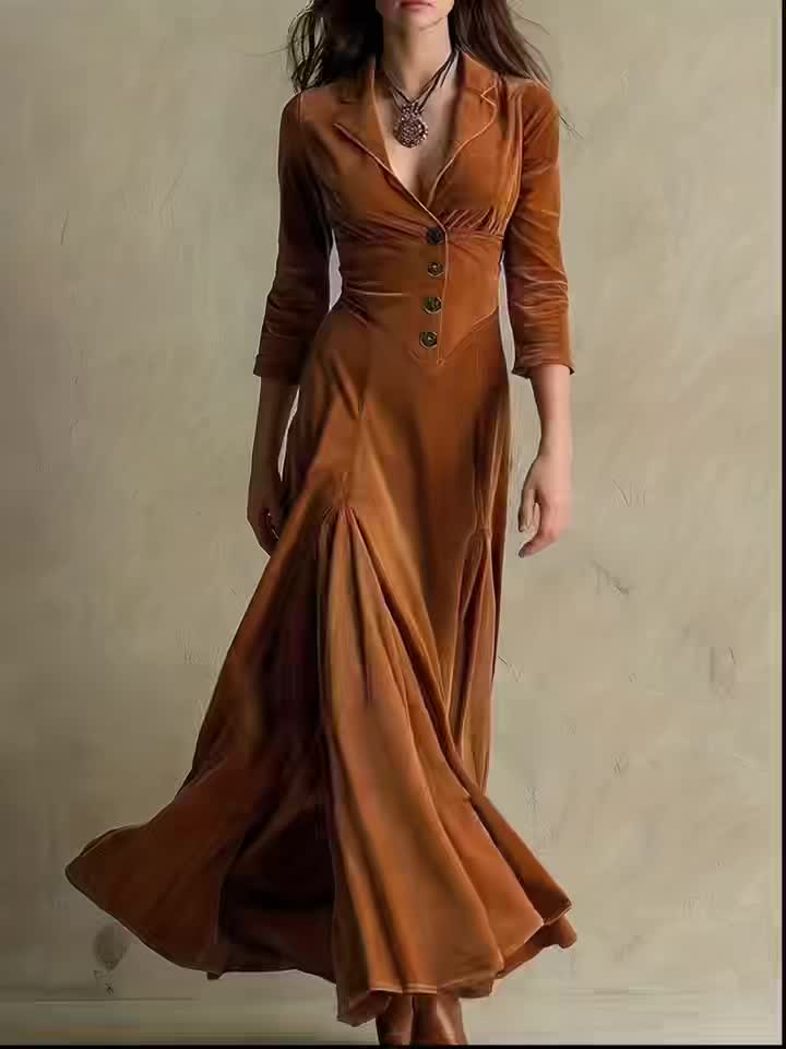 ELOWENNA | ELEGANT DRESS WITH BUTTON PLACKET, COLLAR, AND 7/8 SLEEVES