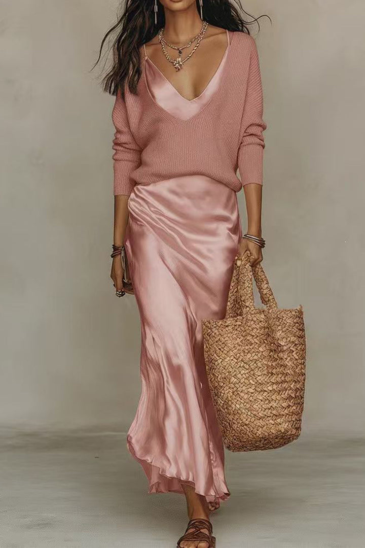Jessa | V Neck Drop Shoulder Sweater and Satin Maxi Cami Dress Set
